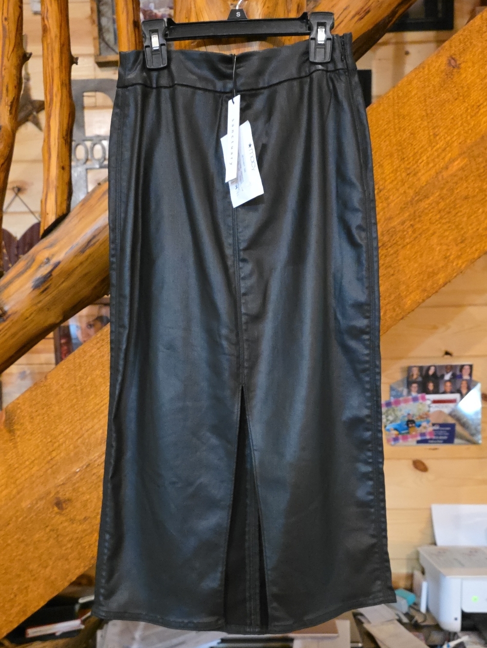 Sanctuary Black Faux Leather Midi Skirt with Front Slit
